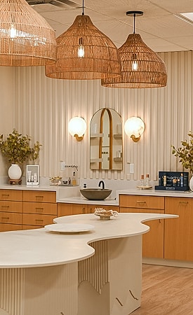 Modern kitchen with warm lighting and decor.